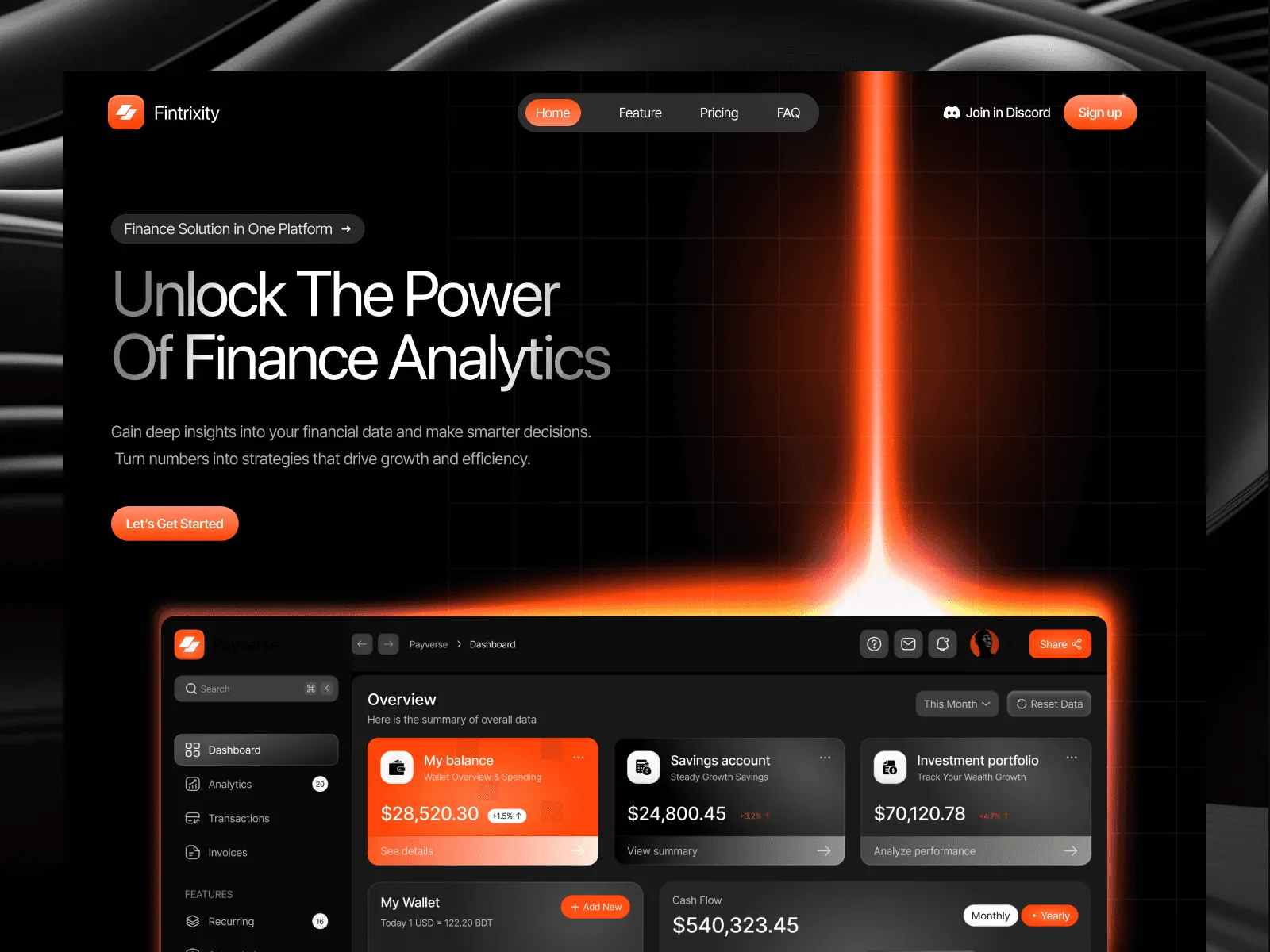 Fintech analytics landing page with dark dashboard UI