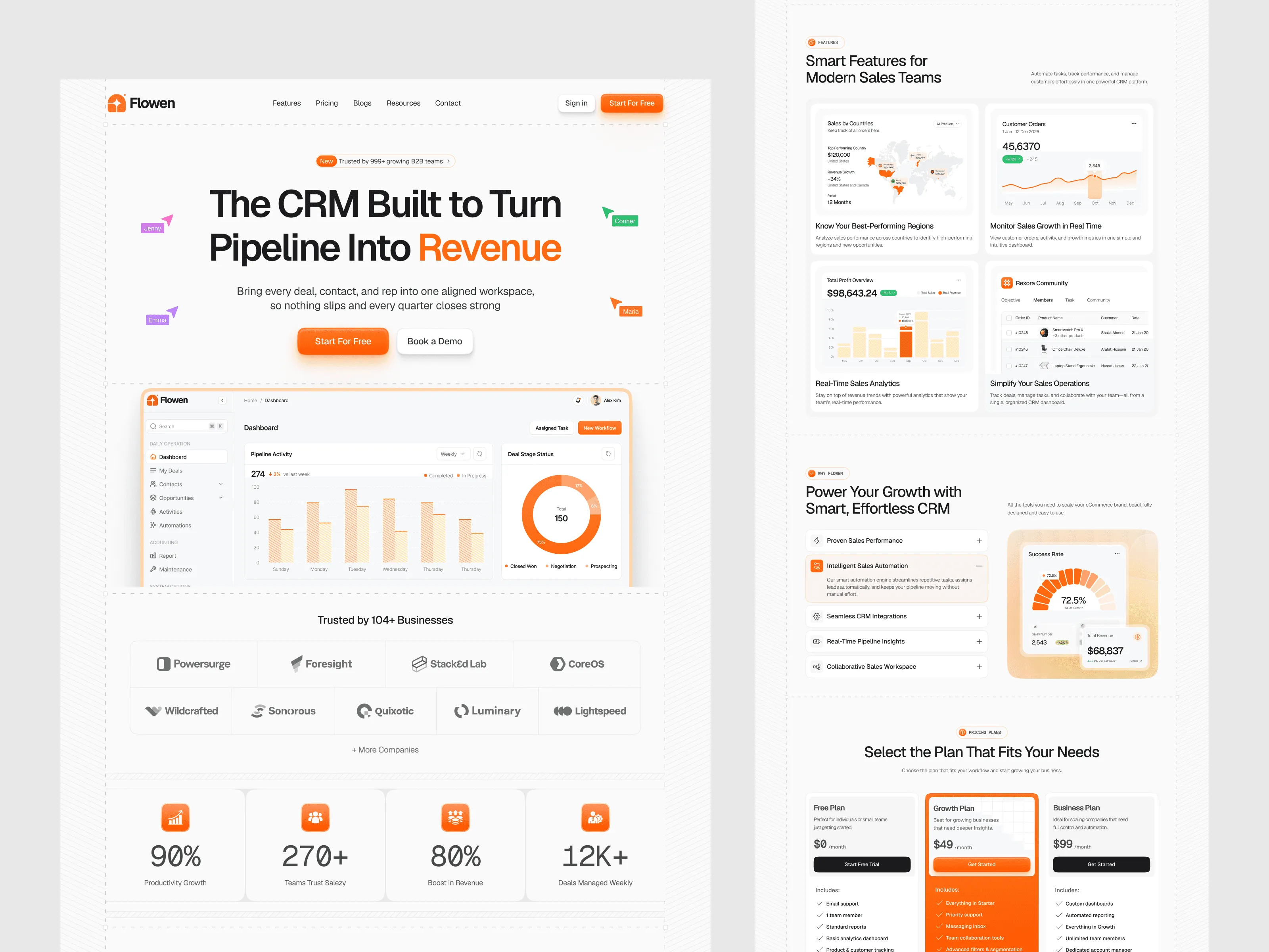 CRM SaaS landing page with sales pipeline dashboard
