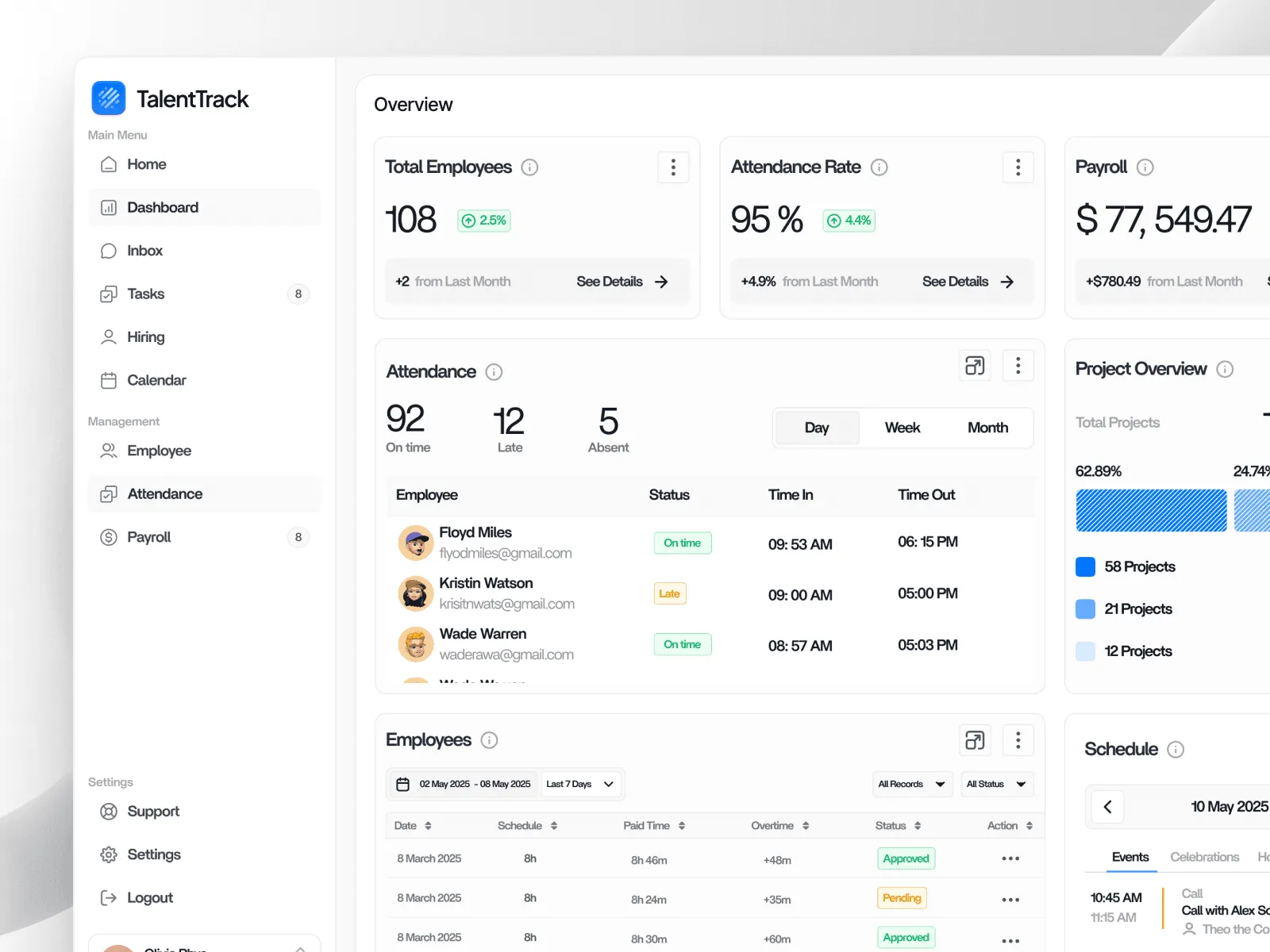 HR dashboard with attendance and payroll overview