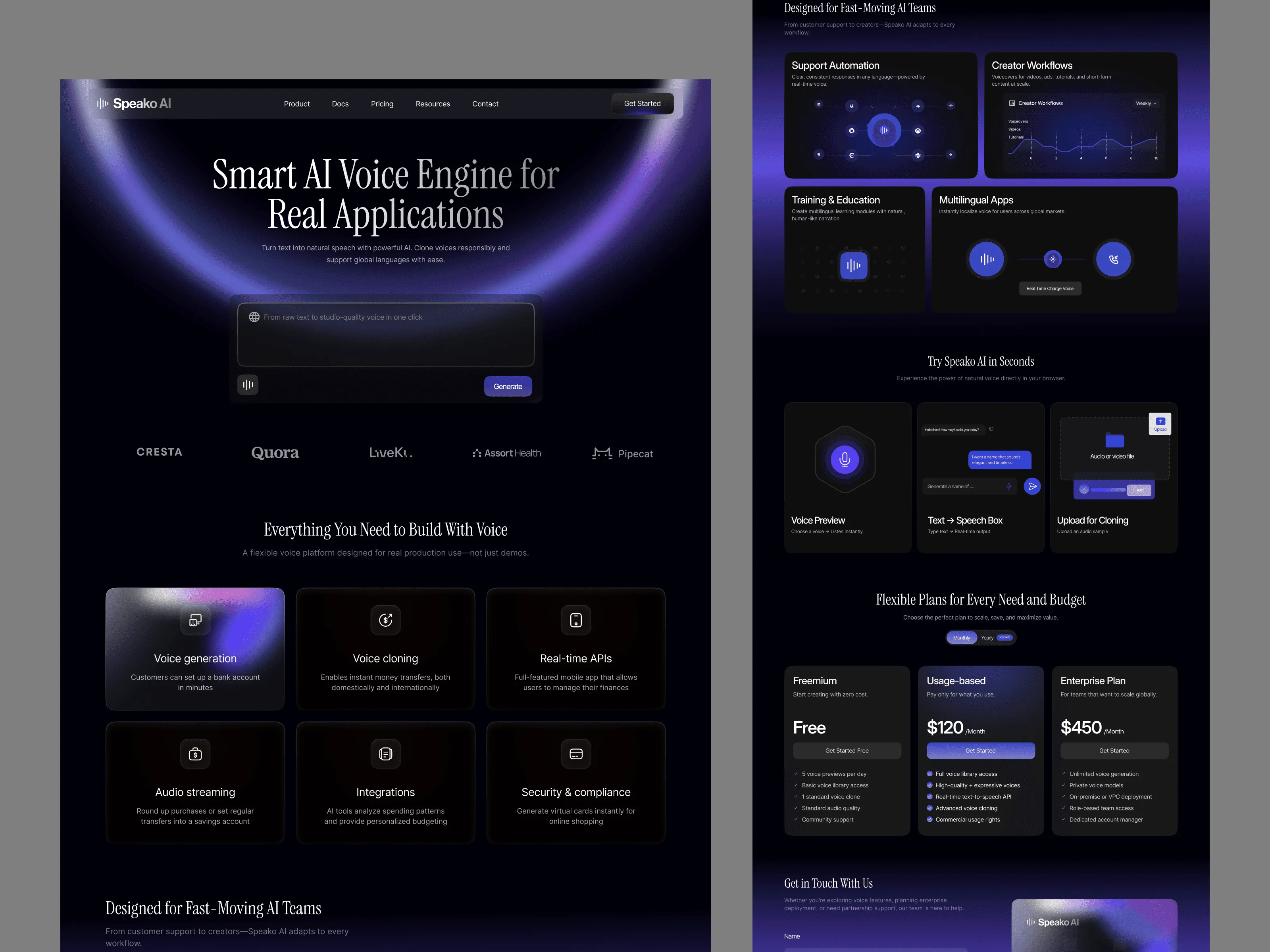 Dark AI voice engine landing page