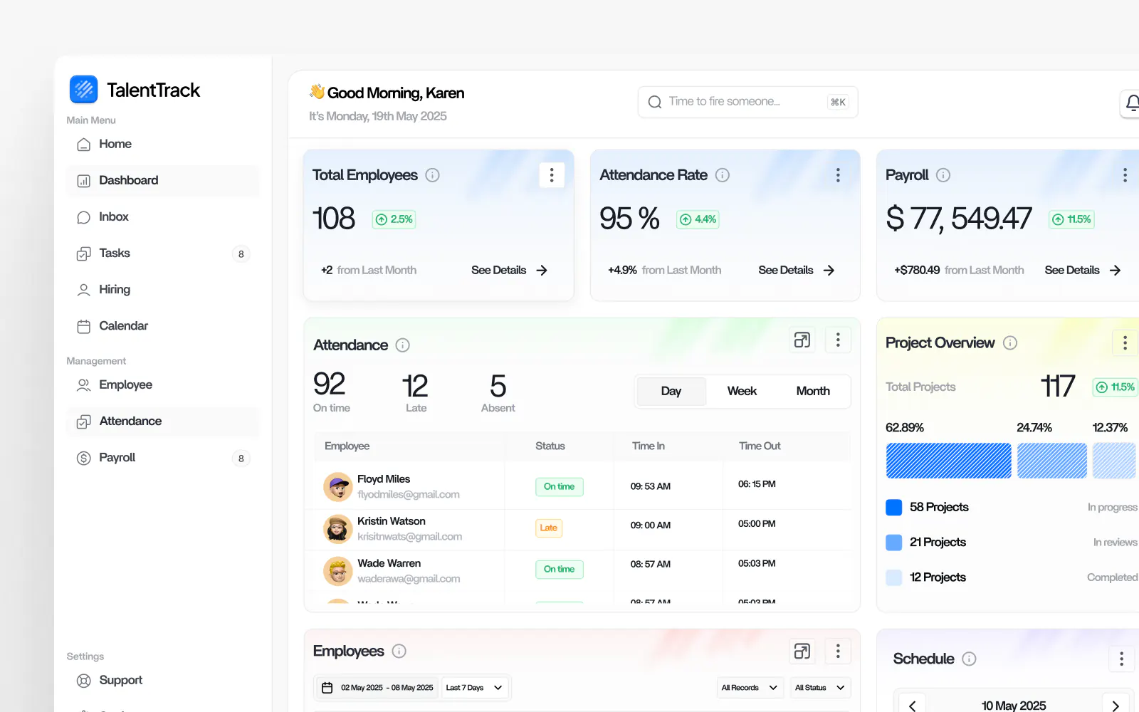 Admin panel design for an HR SaaS: TalentTrack dashboard with role-based sidebar navigation, attendance table and payroll KPIs