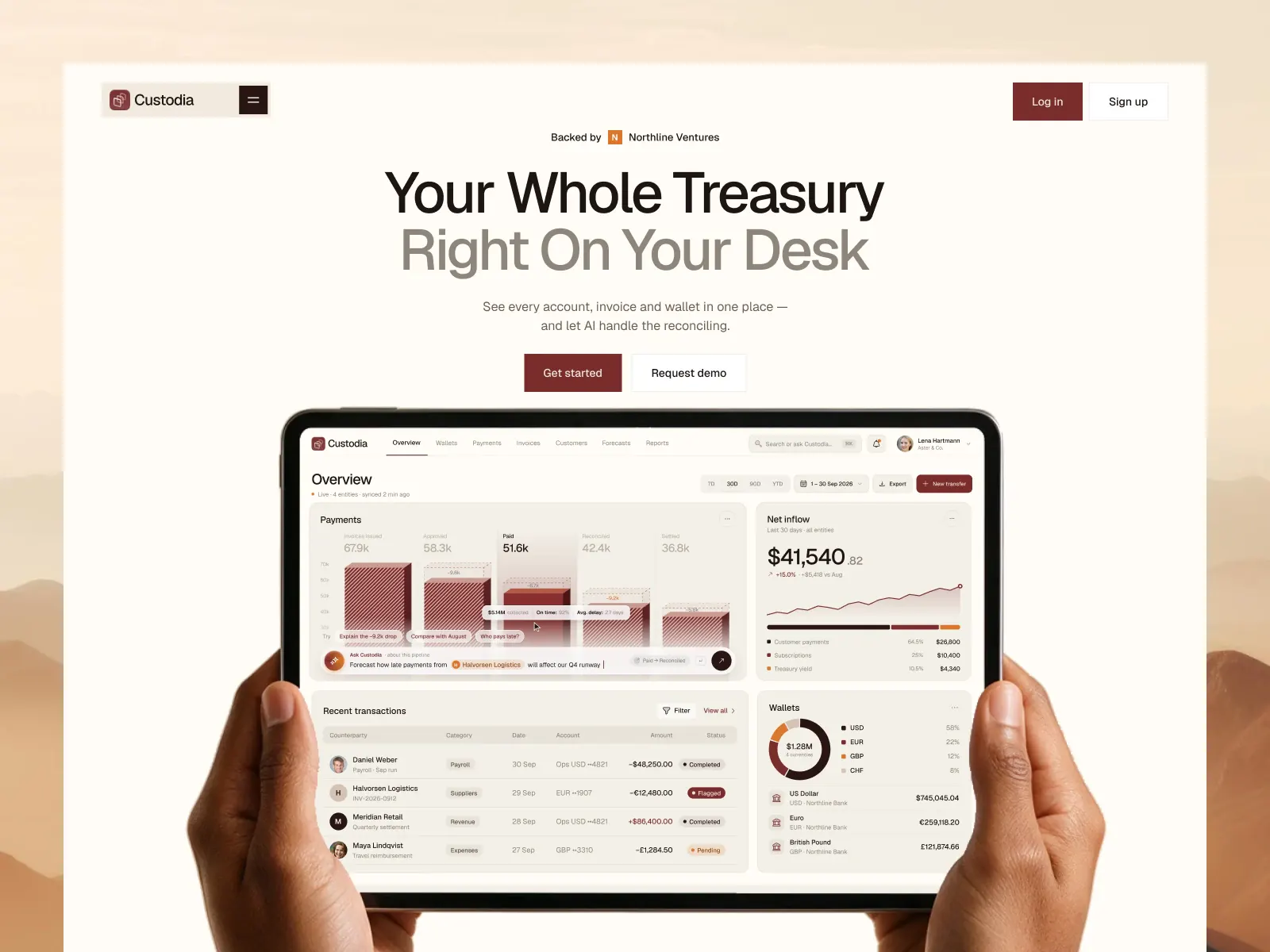 SaaS landing page design for a fintech product: Custodia hero section with headline, sign-up CTAs and a dashboard preview on a tablet