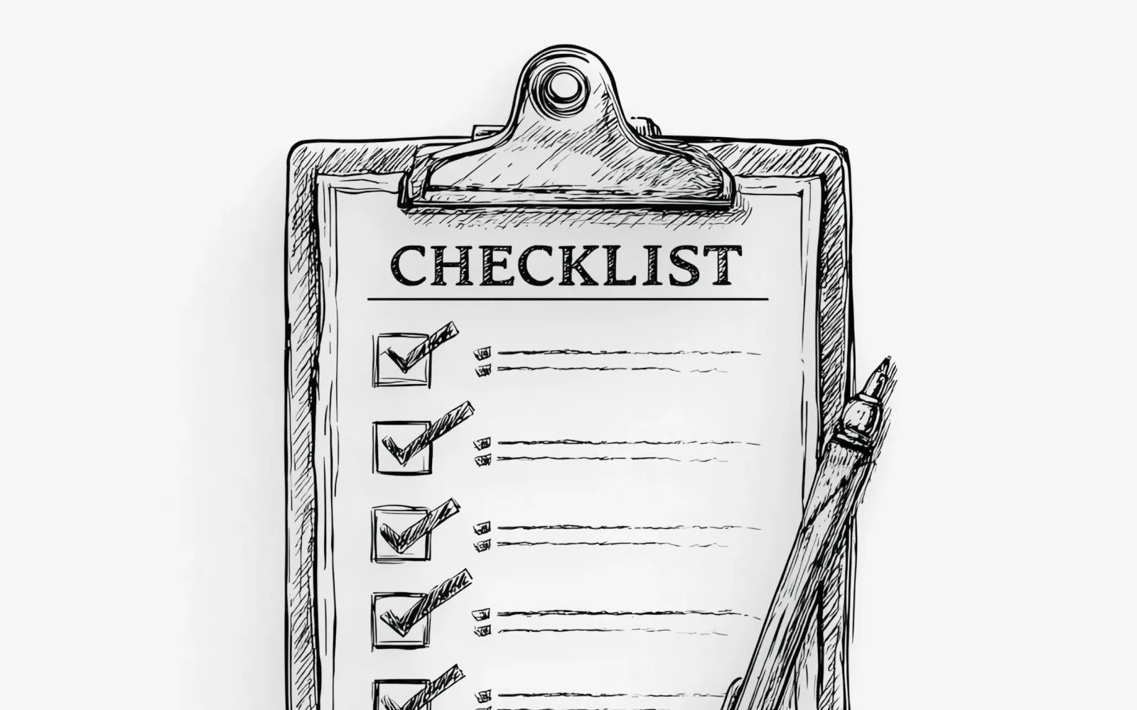 SaaS MVP UX checklist: hand-drawn clipboard with ticked checkboxes and a pen